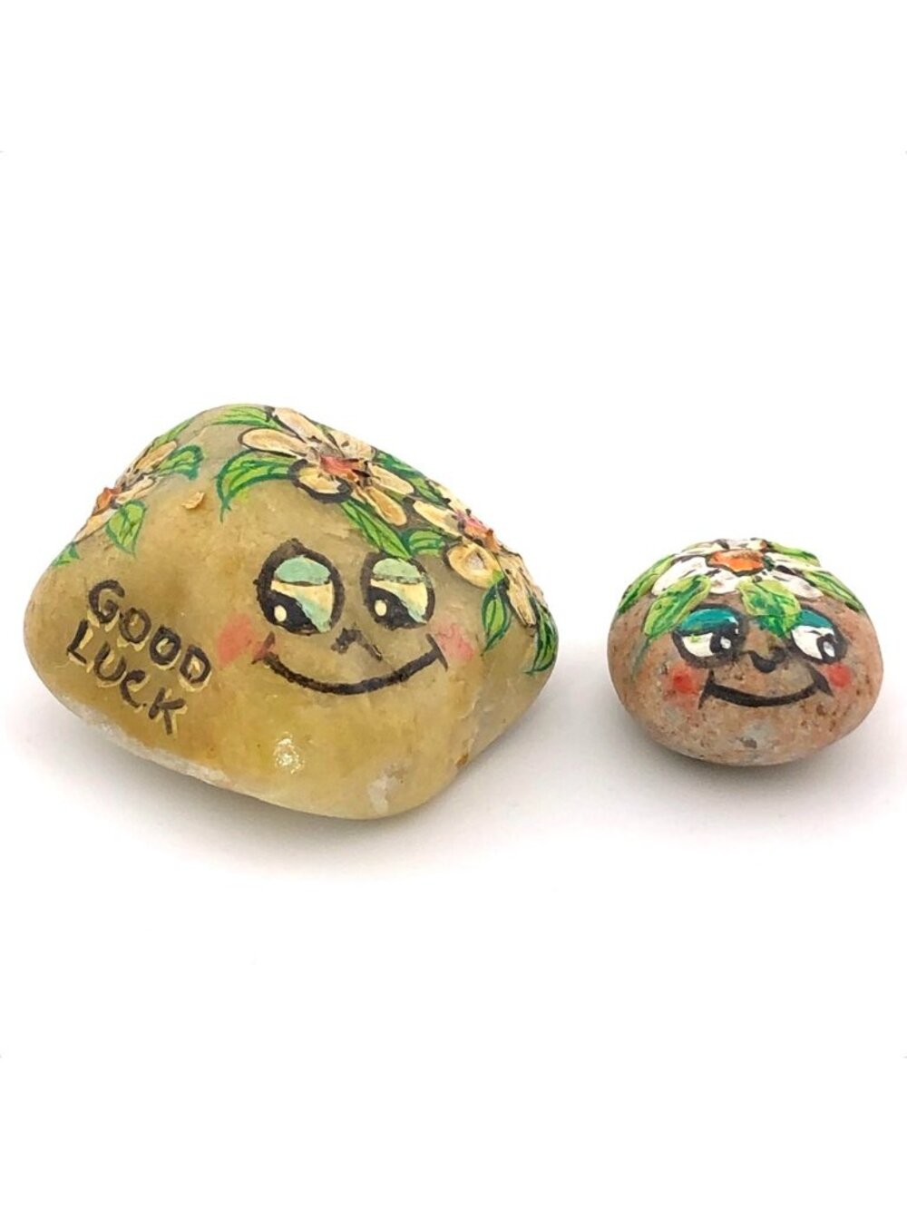 Vintage Hand Painted Happy Face Rock Stone Pair Good Luck Miniature Pocket Token
